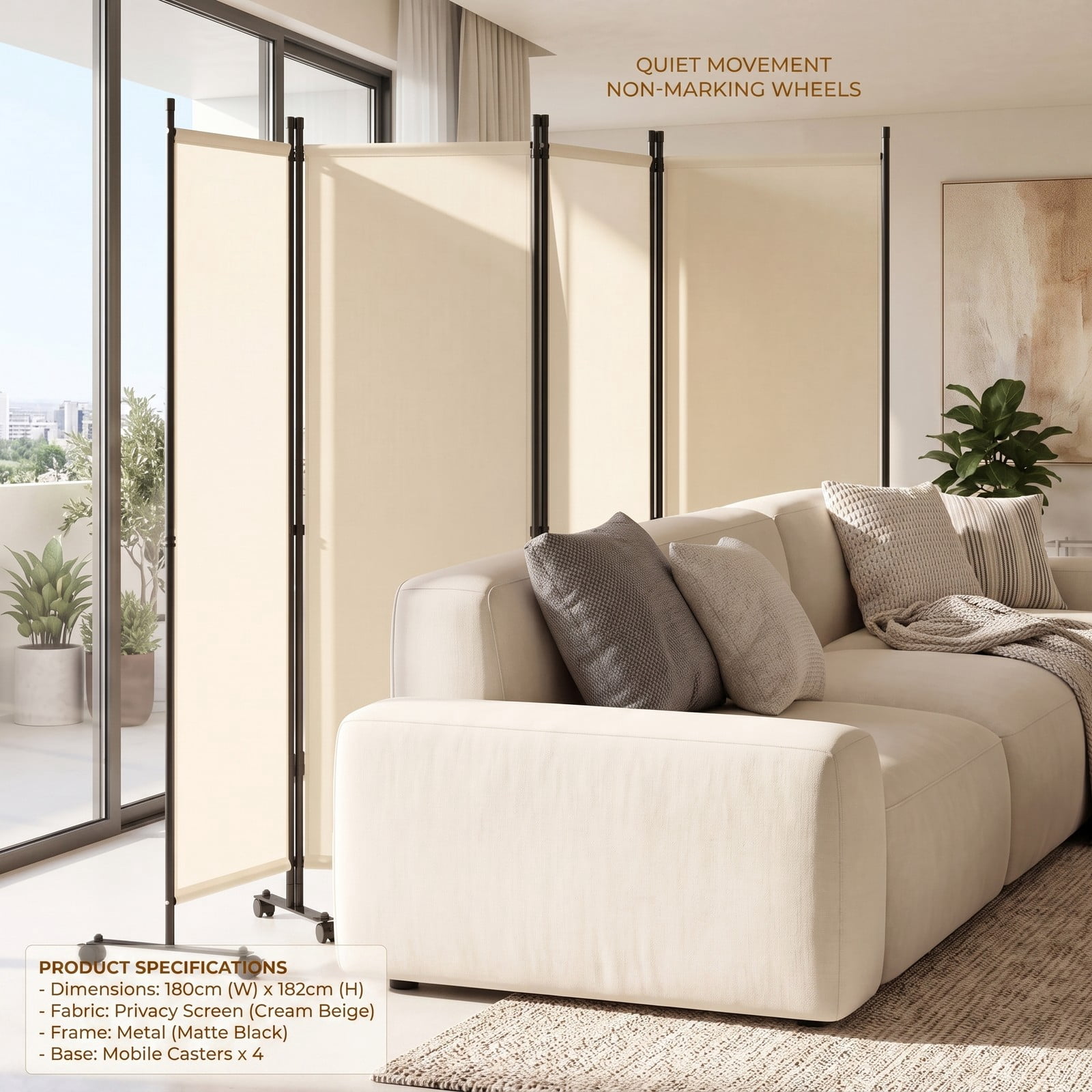 ALPULON 4-Panel Room Divider Freestanding Privacy Screen with 10 Lockable Wheels, Foldable Polyester Fabric Partition with Heavy-Duty Metal Frame for Living, Beige