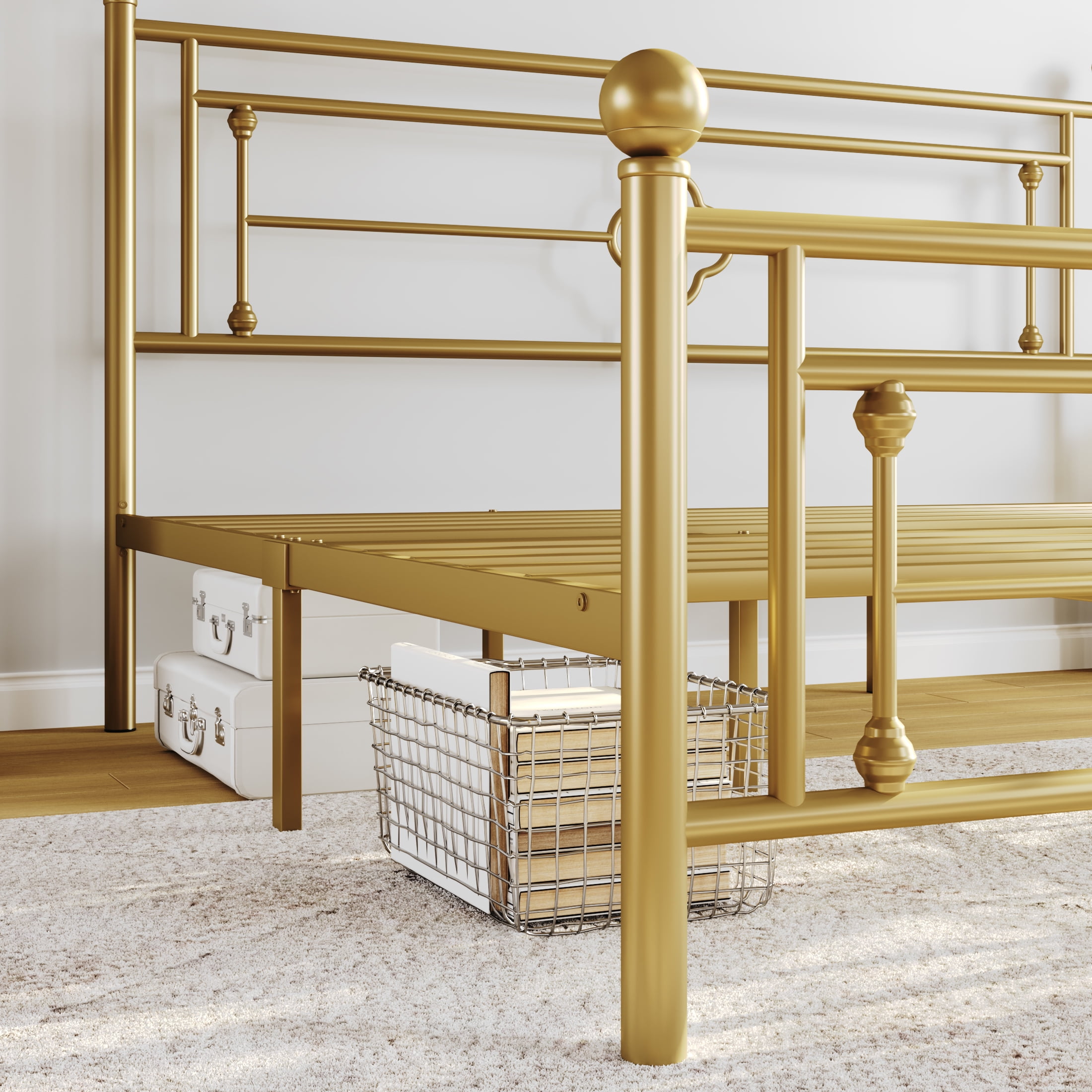 Sha Cerlin Gold Queen Size Metal Platform Bed Frame with Victorian Vintage Headboard