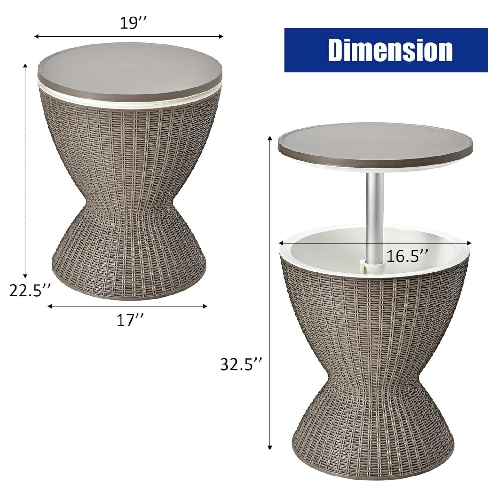Cool Bar Table, 8 Gallon Rattan Patio Bar Cooler with Ice Bucket & Height Adjustable , Beer & Wine Cooler, Outdoor Indoor Cocktail Coffee Table for Patio Party Pool Deck (Brown)