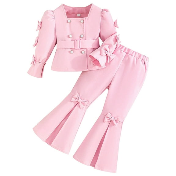 Afdoent Kids Toddler Girls Outfits Set Long Sleeve Sleeves Flare Pants Double Belted Two Piece Outfit For Toddler And Kids 2-3 Years