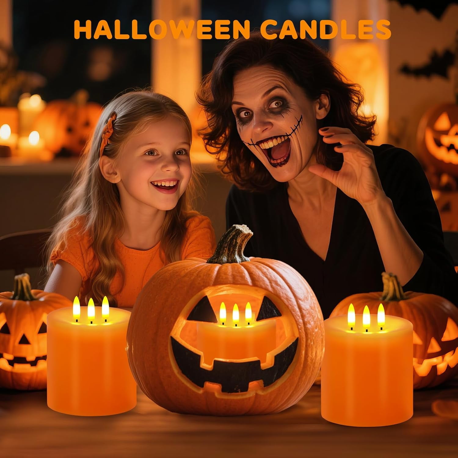 3 Wick Flameless Candles Set of 2, 4"x4" Flickering Large LED Candles with Remote & Timer, Dimmable Real Wax Pillar Candles Battery Operated, Orange Candles for Fall Thanksgiving Halloween Decor