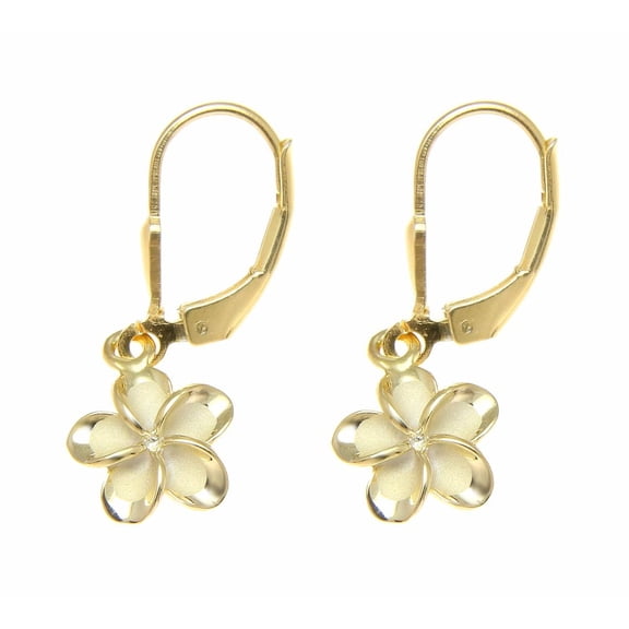 925 sterling silver yellow gold plated Hawaiian plumeria flower no cz stone leverback earrings 10mm