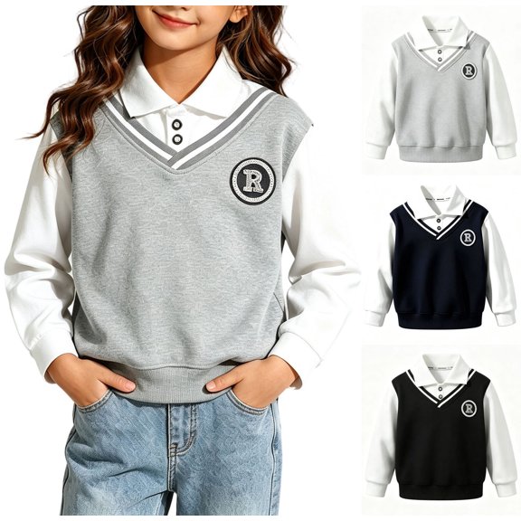 XRoczxe Girls Fake‑Two‑Piece Sweatshirt, V‑Neck Striped Trim Vest‑Style Long Sleeve Preppy Pullover Top Gray