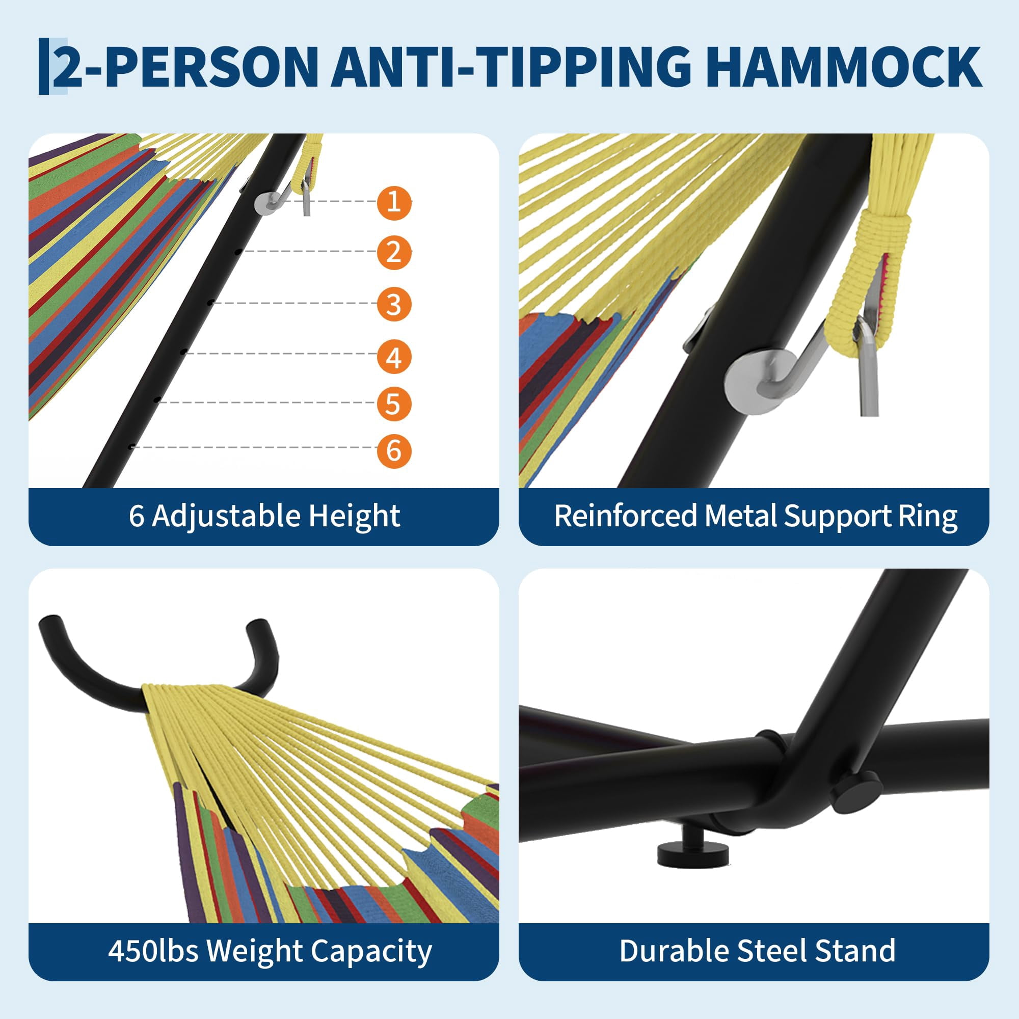 Double Hammock with Adjustable Steel Stand – Portable 2-Person Hammock with 450 Lbs Capacity, Waterproof Carry Bag & Space-Saving Design for Backyard, Beach & Balcony