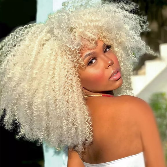 Nonivsa 16 Inch Women's White Curly Synthetic Wig with Curly Bangs, Full Coverage Machine Made Hairpiece for Party, Cosplay, Daily Wear and Fashion Events