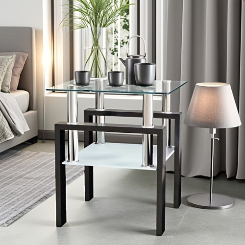 1-Piece Modern Tempered Glass Tea Table Coffee Table End Table, Square Table for Living Room, Transparent/Black