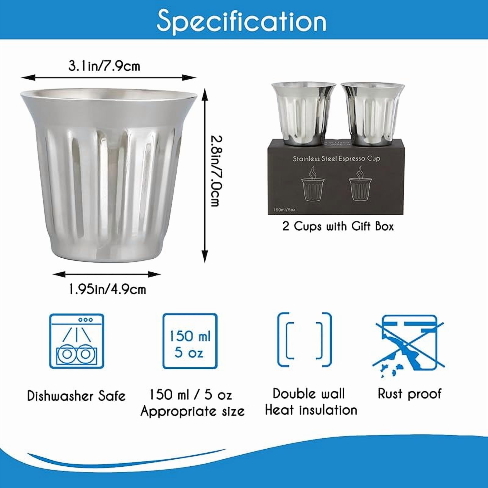 Easyworkz Stainless Steel Double-Wall Espresso Cups 5 oz Set of 2, Vertical Stripe Design, Gunmetal