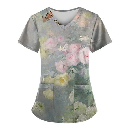 

Apepal Women Fashion Flower Painting Print V-neck Short Sleeve with Pockets Scrub Tops