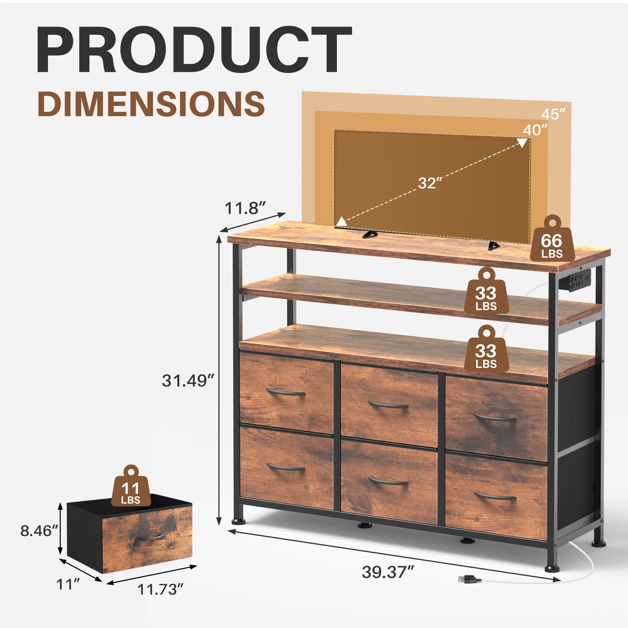 EDX 6-Drawer Fabric Dresser with Power Outlets and LED Light, TV stand for Bedroom, Living Room, Hallway, Rust