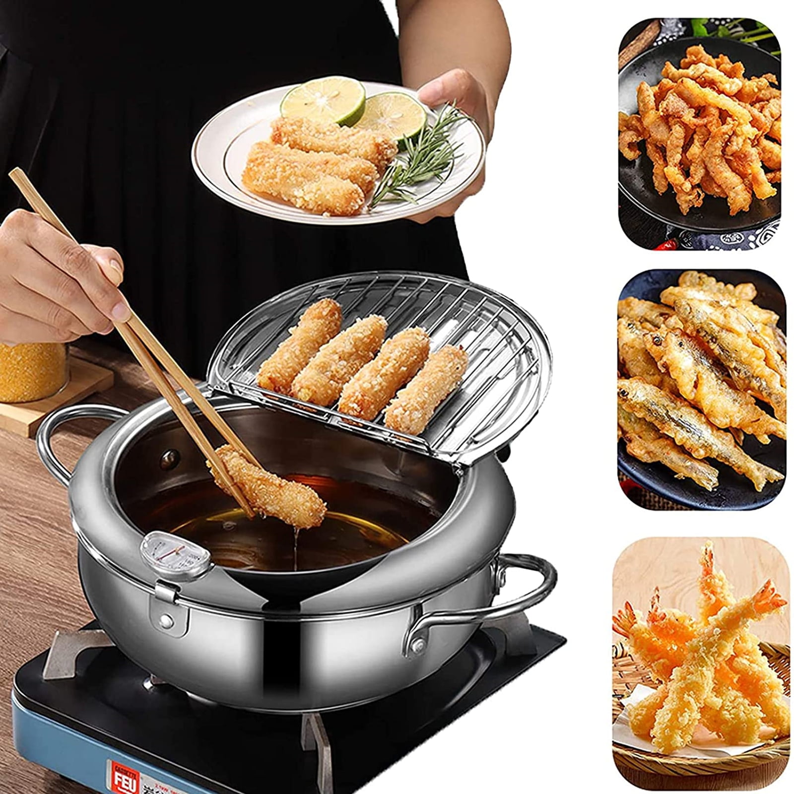 Deep Frying Pan,Japanese StyleTempura Fryer Pot,Mini Deep Fry Pan with Drainer,Non-stick coating Frying Pan with Thermometer,Lid And Oil Drip Drainer Rack for Kitchen Cooking 24cm/304 