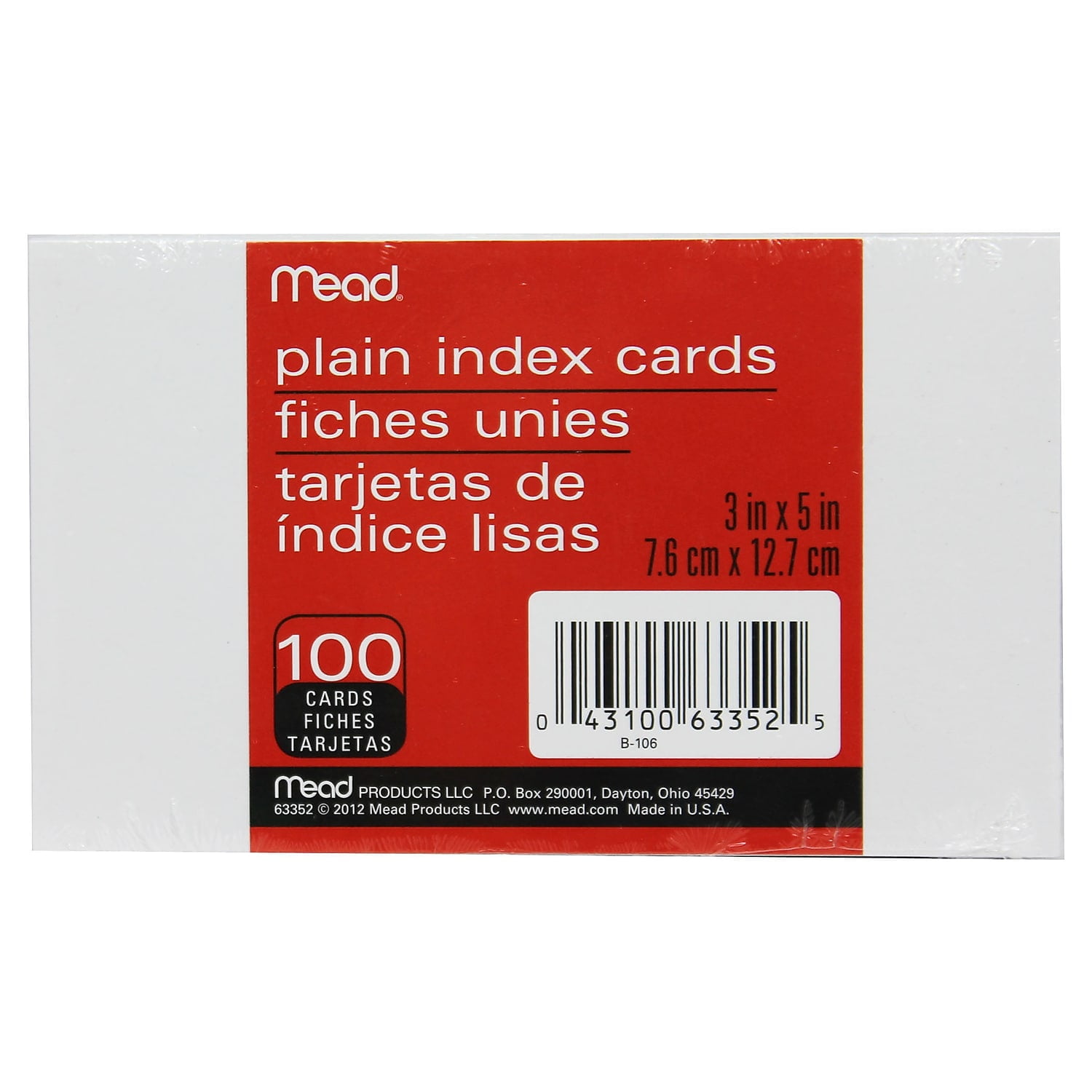 Mead Index Cards, Plain, 3 x 5, 100 Per Pack, 12 Packs
