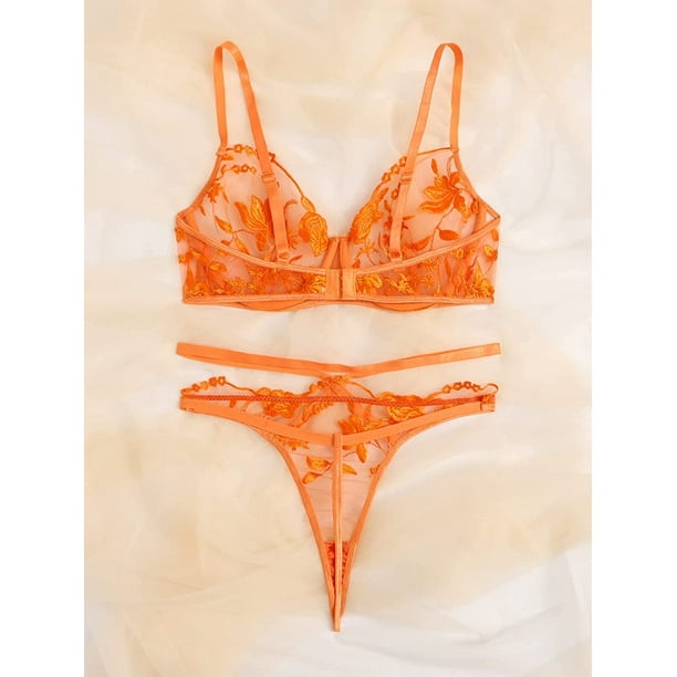 Conjunto de lenceria sexy de 2 piezas con apliques de malla tanga y brasier y tangas para mujer Florales Naranja M Florales Naranja M Xishao ropa Walmart en linea