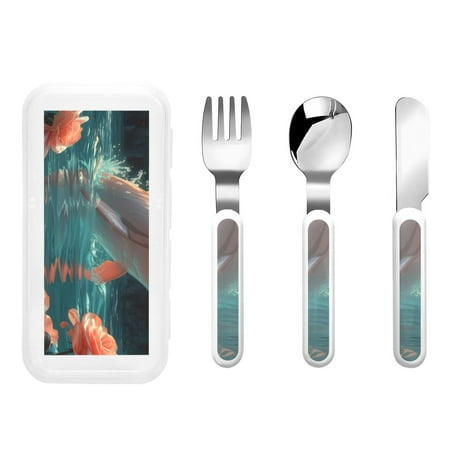

Easygdp Flower White Dolphin 3-Piece Flatware Set Kids Silverware Stainless Steel Toddler Kids Utensils Safe for Preschooler Children