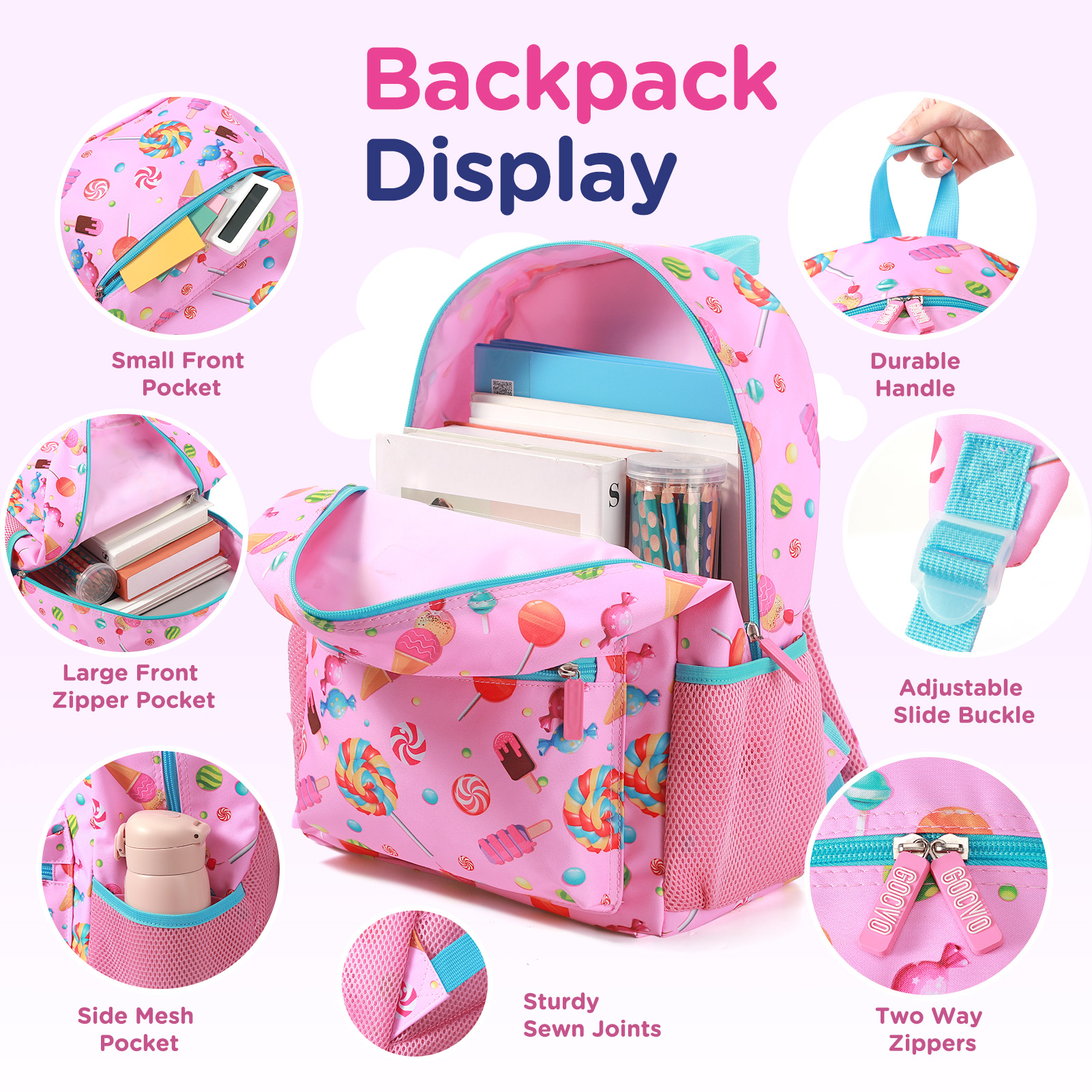 Mochila para niñas, impermeable, linda, para adolescentes, con estampado de dulces 7