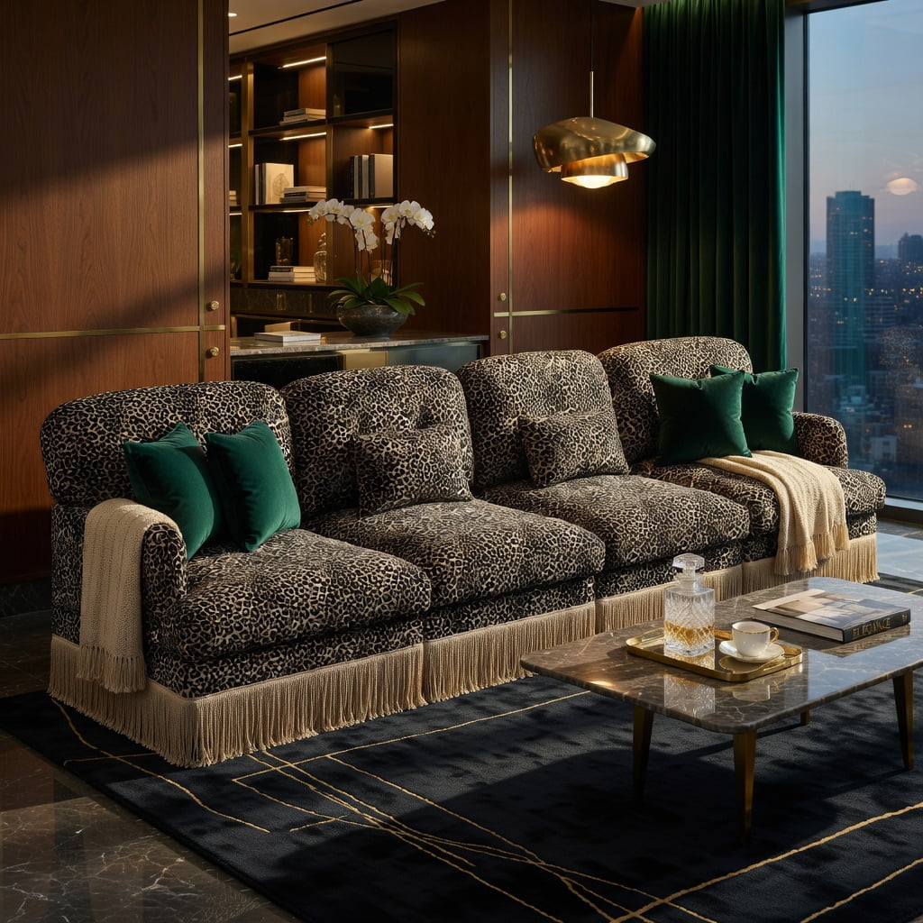 Hommoo 131" Modular Leopard Print Chenille 4-Seat Sectional Sofa, Tassel-Trimmed, Deep Seat, Ergonomic Support, Easy Assembly for Living Room, khaki