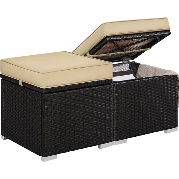 Themis Wicker Ottomans, Set of 2 Patio PE Rattan Side Tables with Hidden Storage & Removable Cushion, Outdoor/Indoor Footstools, Additional Seating for Garden/Balcony/Yard, Brown/Khaki