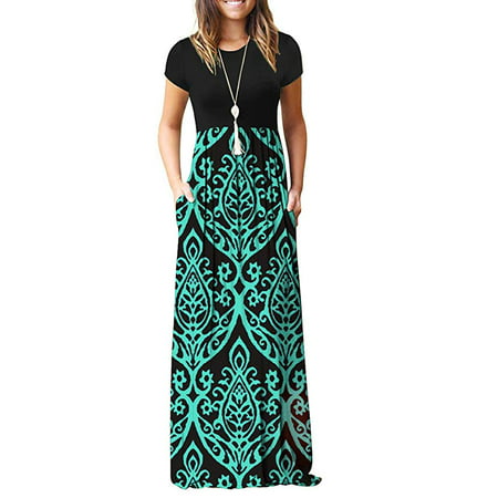 Women Short Sleeve Loose Plain Casual Long Maxi Dresses With Pockets ...