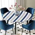 thumbnail image 5 of Elastic Fitted Round Tablecloth, Navy Blue Stripe Waterproof Stretch Table Cover for 45"-54" Tables, Geometric Grey White Vertical Striped Washable Outdoor Tablecloths for Patio, Picnic, Camping, 5 of 9