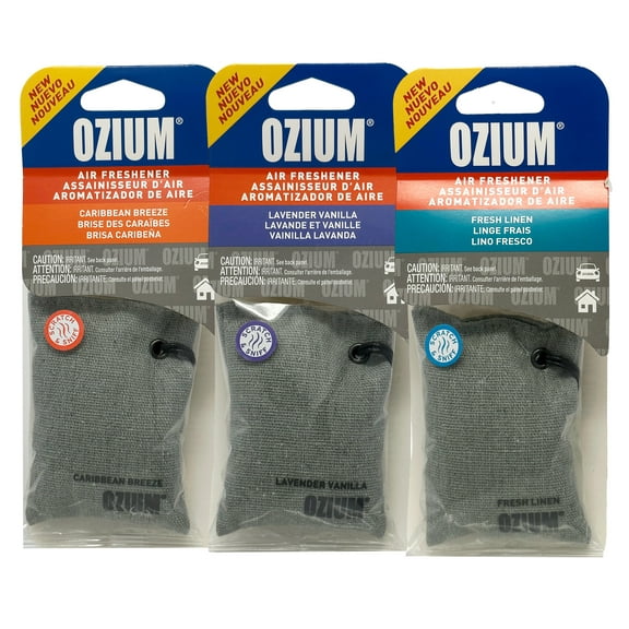 Ozium Scented Sachet Car Air Fresheners and Odor Eliminator for Car, Home Closets, Shoes, and Suitcases, Caribbean Breeze   Lavender Vanilla   Fresh Linen, Combo Kit
