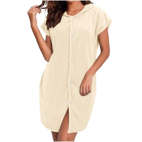 Kaemgyyd Bathrobe for Women Soft Comfy Short Sleeve Hooded Loungewear Knee Length Quick-Dry Sleepwear Button down Robes(White,One Size)