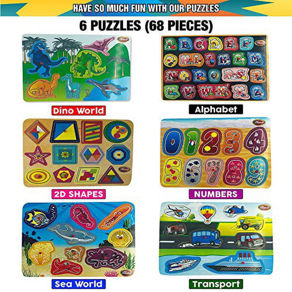 Hoovy Baby Peg Puzzle 6-in-1 Set - 6 Different Themed Educational Knob Puzzles - Alphabet, Numbers, Sea Life, Dinosaurs, Shapes & Vehicles - Bonus: Storage