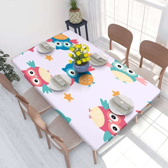 Elastic Edge Fitted Tablecloth Cute Owl With Star for Rectangle Table 4 FT 30 X 48 Inch