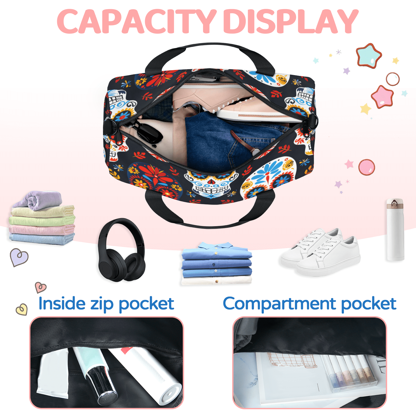 Herdesigns Skull Floral Travel Duffle Bag Sports Yoga Weekender Overnight Carry on Workout Bags Lightweight Waterproof Gym Tote Bag for Women Sugar Skull