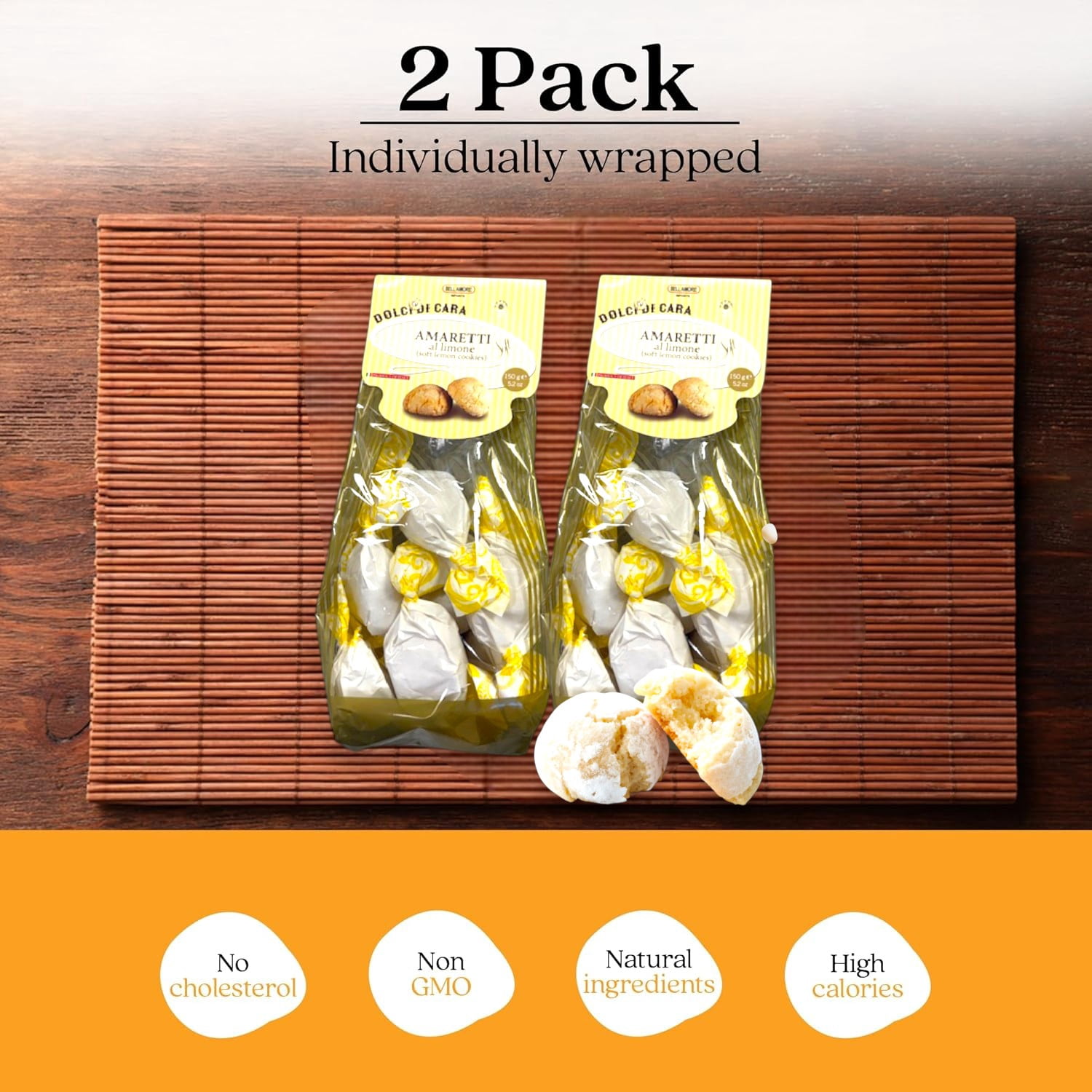 Italian Amaretti Cookies, Soft Lemon Cookies, 300g (2 x 150g bags), Made in Italy - Dolci Di Cara
