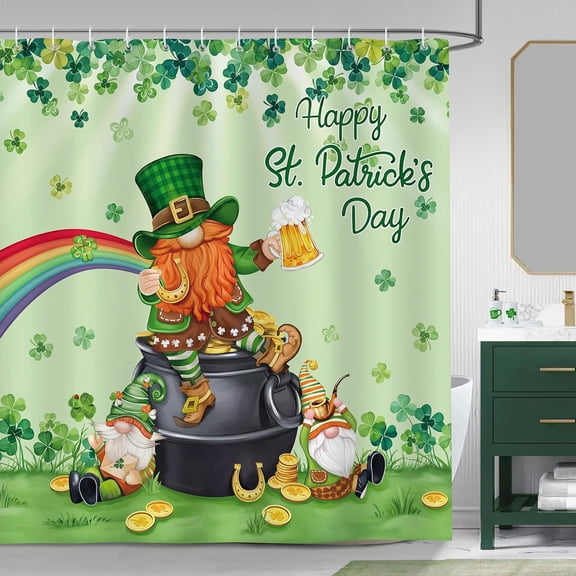 St Patrick''s Day Shower Curtain Cute Irish Gnome Green Clover Shamrocks Gold Coin Rainbow Decorative Bath Curtain 72 x 72 Inch Polyester Fabric Waterproof Bathroom Curtain with 12 Hooks