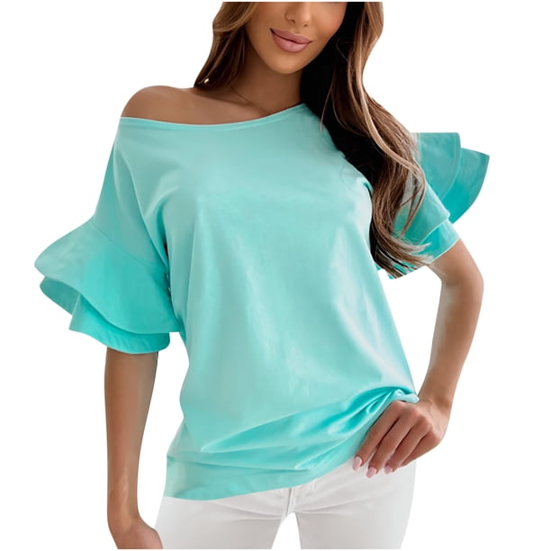 Camiseta informal para mujer, blusa de cuello redondo con manga de media trompeta sólida, Tops Fridja ghk3408