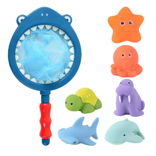 Juguetes de baño para niños sensibles a la temperatura: 6 figuras de animales, red de pesca, ganchos de pared y juguetes con chorro de agua