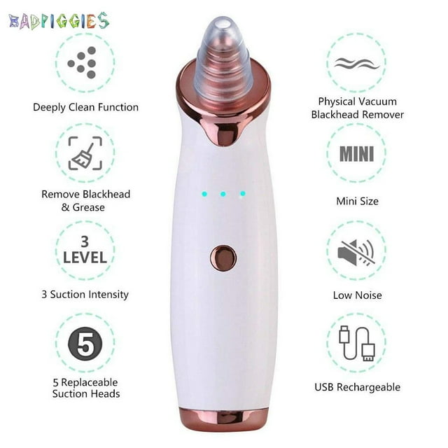 BadPiggies Electric Blackhead Vacuum Remover, Facial Pore Sucker Whitehead Blackhead Removal Cleansing Tool for Men and Women, White