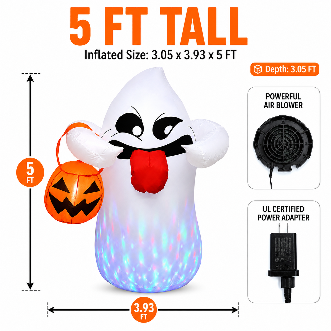 Beeprincess 5 Ft Halloween Inflatable Ghost with Pumpkin, RGB LED Lights photo 8