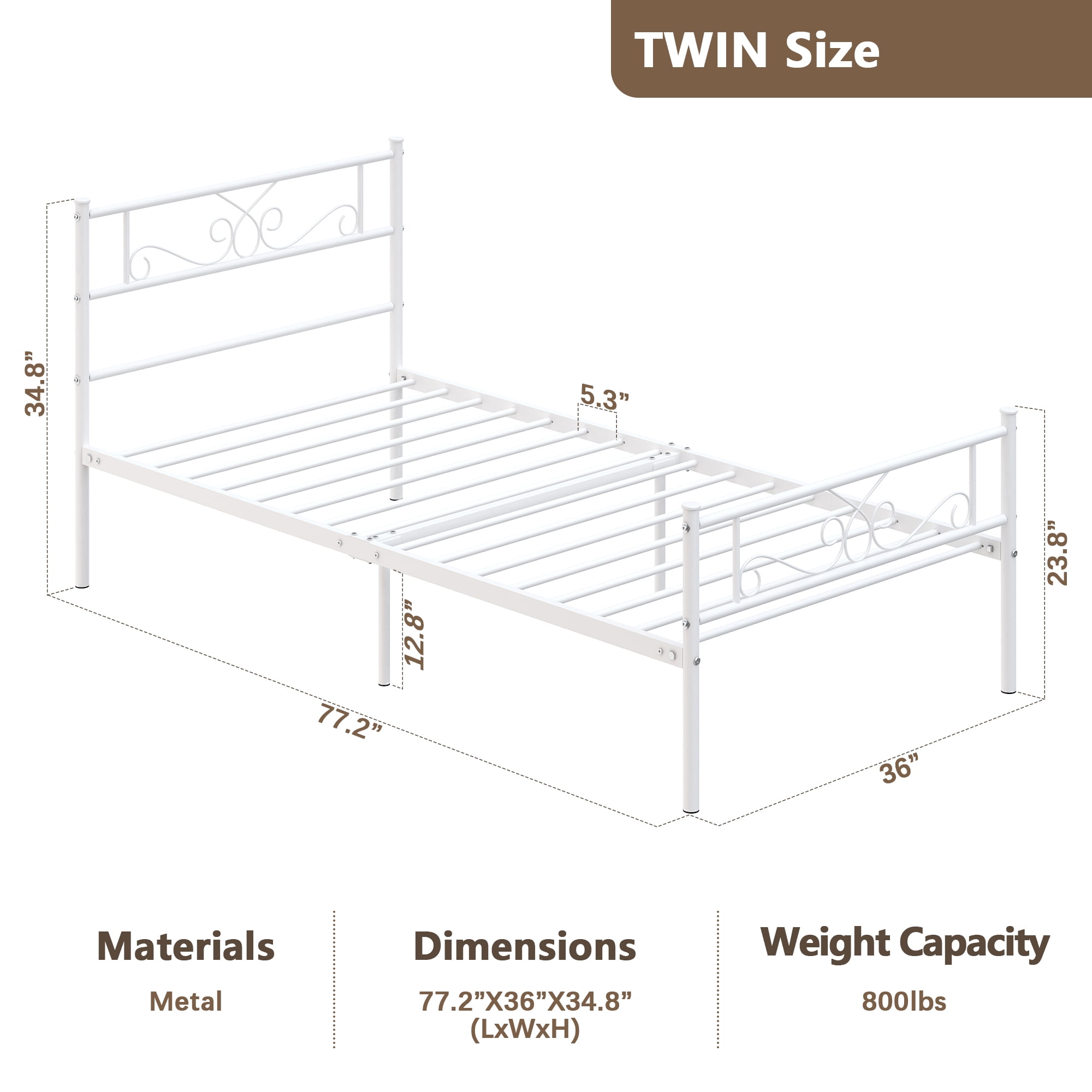 Garmic Twin Metal Bed Frame with Scroll Design Headboard and Footboard for Teens Boys Girls, White
