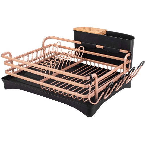 BRIAN & DANY Aluminum Dish Drying Rack Dish Racks for Kitchen Counter Dish Drainer with Removable Cutlery Holder & Cup Holder Unique 360 Swivel Spout Drainboard 16.5"" L x 11.8"" W Golden