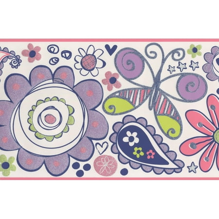 Wallpaper Border - Red Purple Painted Flower Butterfly Kids Wall Border for Bedroom Playroom , Roll 15 ft X 9 in