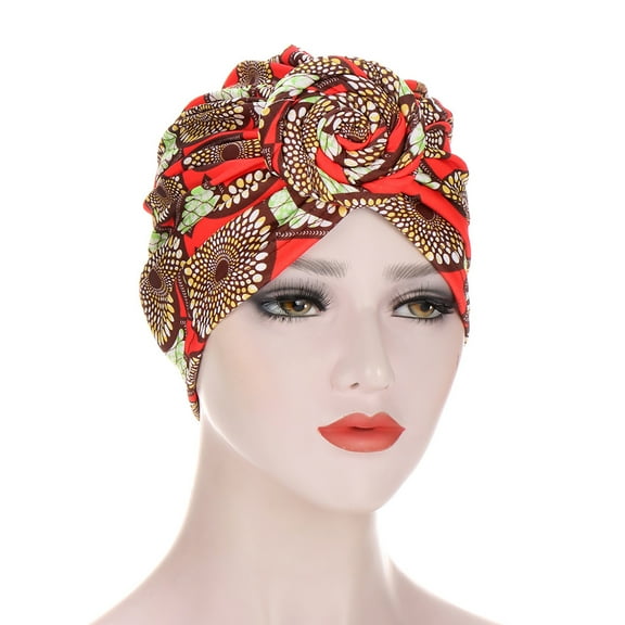 Grofry Women Head Scarf Multicolor Spiral Turban Cap Leaf Print Hair Cover Headdress Red