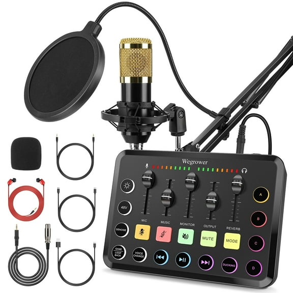 Rechargeable Audio Mixer for Gaming & Podcasting - 48V Phantom Power, Dual Mic Inputs, RGB Lighting, 1-Click Noise Cancel, Voice Changer, Plug & Play (W-11GD)