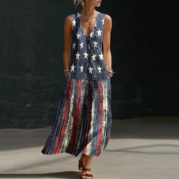 QUNYINEY Summer Sundresses for Women Sleeveless Independence Day Long Cotton Linen Tank Dress V-Neck Patriotic Beach Loose Fit Dresses