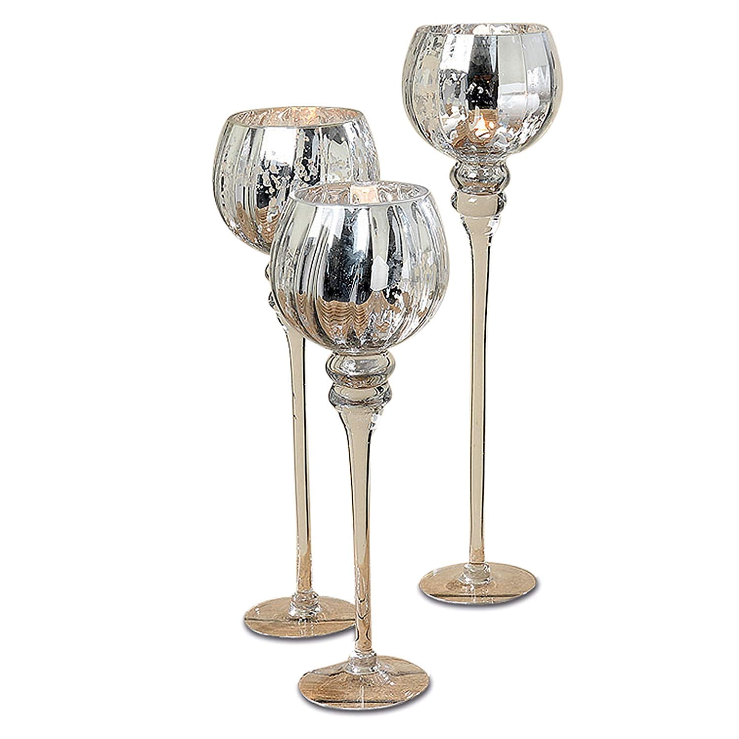 Spectacular Cape Cod Long Stem Candle Holders, Set of 3, Silver Mercury Glass, Rippled, 18 1/2