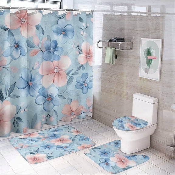 4 Piece Decor Shower Curtains Sets with Non-Slip Rugs Toilet Lid Cover And Bath Mat Pastel Pink And Blue Flowers Durable And Waterproof Watercolor Pink Blue Floral for Bathroom Decor Set