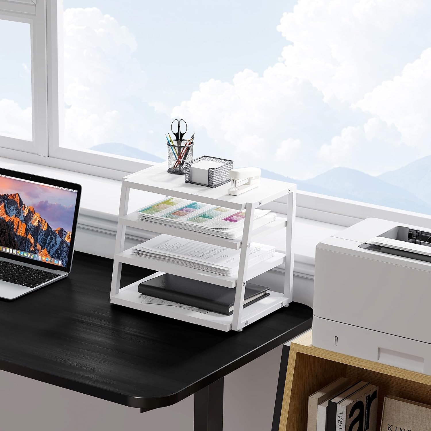 Fenge 4-Tier Desktop Shelf Organizer with Wood and Metal Storage, Black