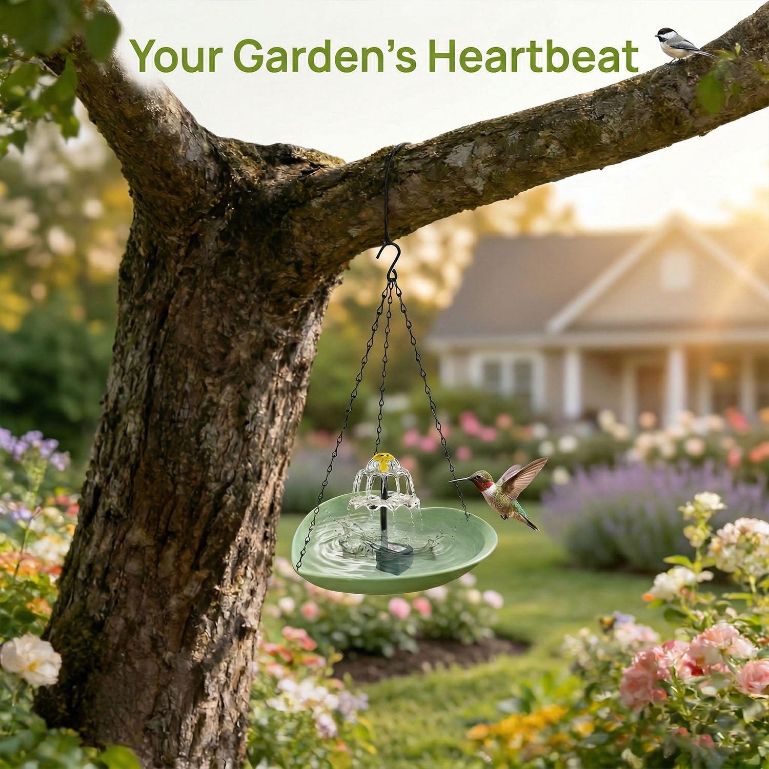 Fountwell Hanging Solar Bird Bath Fountain with Built-in Pump, Heart-Shaped Basin Cascade Water Flow – All-in-One No Wiring for Garden, Patio, Hummingbirds