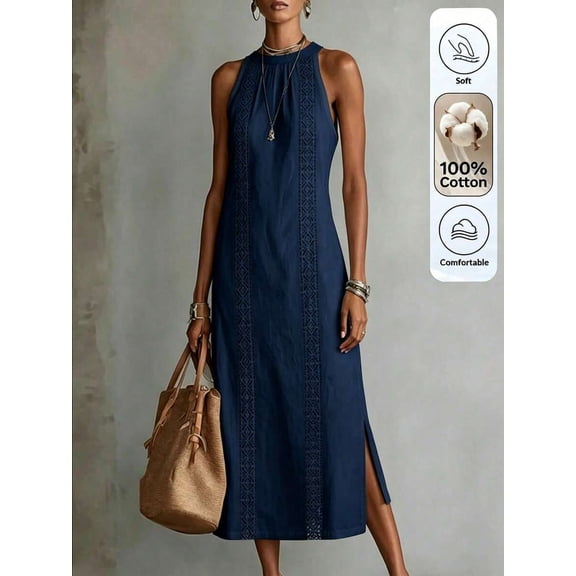 Womens Blue Halter Maxi Dress Summer Casual Side Slit Sleeveless Long Gown