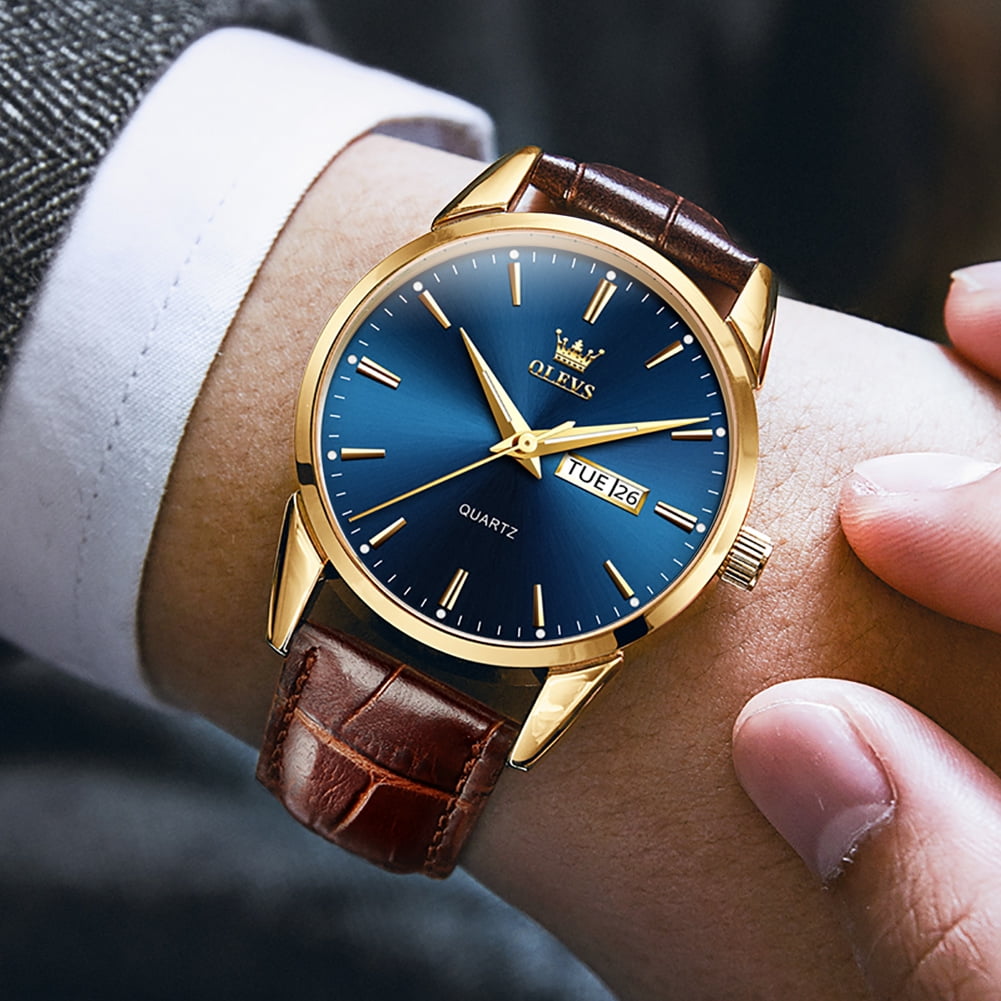 OLEVS Mens Watches,Brown Leather Watch for Men,Gold Case Analog Quartz Fashion Business Dress Watch Day Date Luminous Waterproof Casual Male Wrist Watches Reloj para Hombre