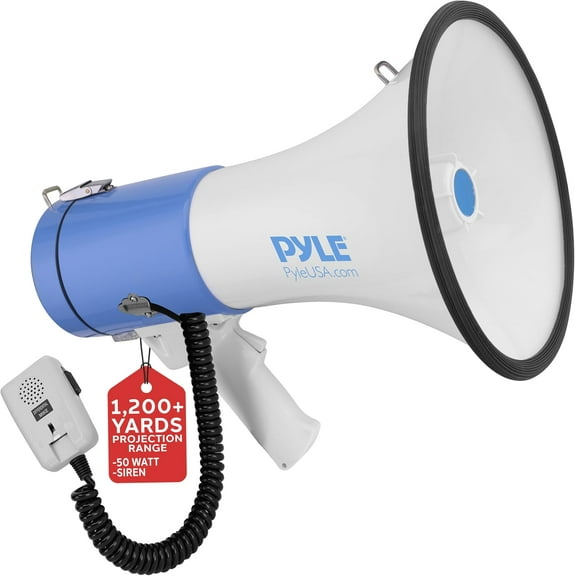 Portable Megaphone Speaker PA Bullhorn - Built-in Siren, 50W Adjustable Volume Control in 1200 Yard Range, Ideal for Any Outdoor Sports, Cheerleading Fans & Coaches, or for Safety Drills