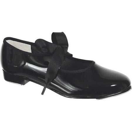 Girls Black Patent Flexible Ribbon Tie Wide Width Tap Shoes 12.5-4