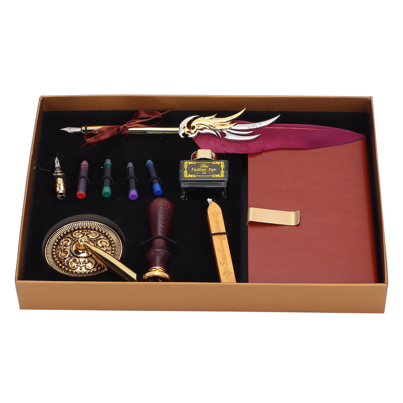 Riousery Dip Calligraphy Pen Set Feather Ink Sac Fountain Pen Gift Box Kit with Lacquer Stamp Tool Wine Red SP139006
