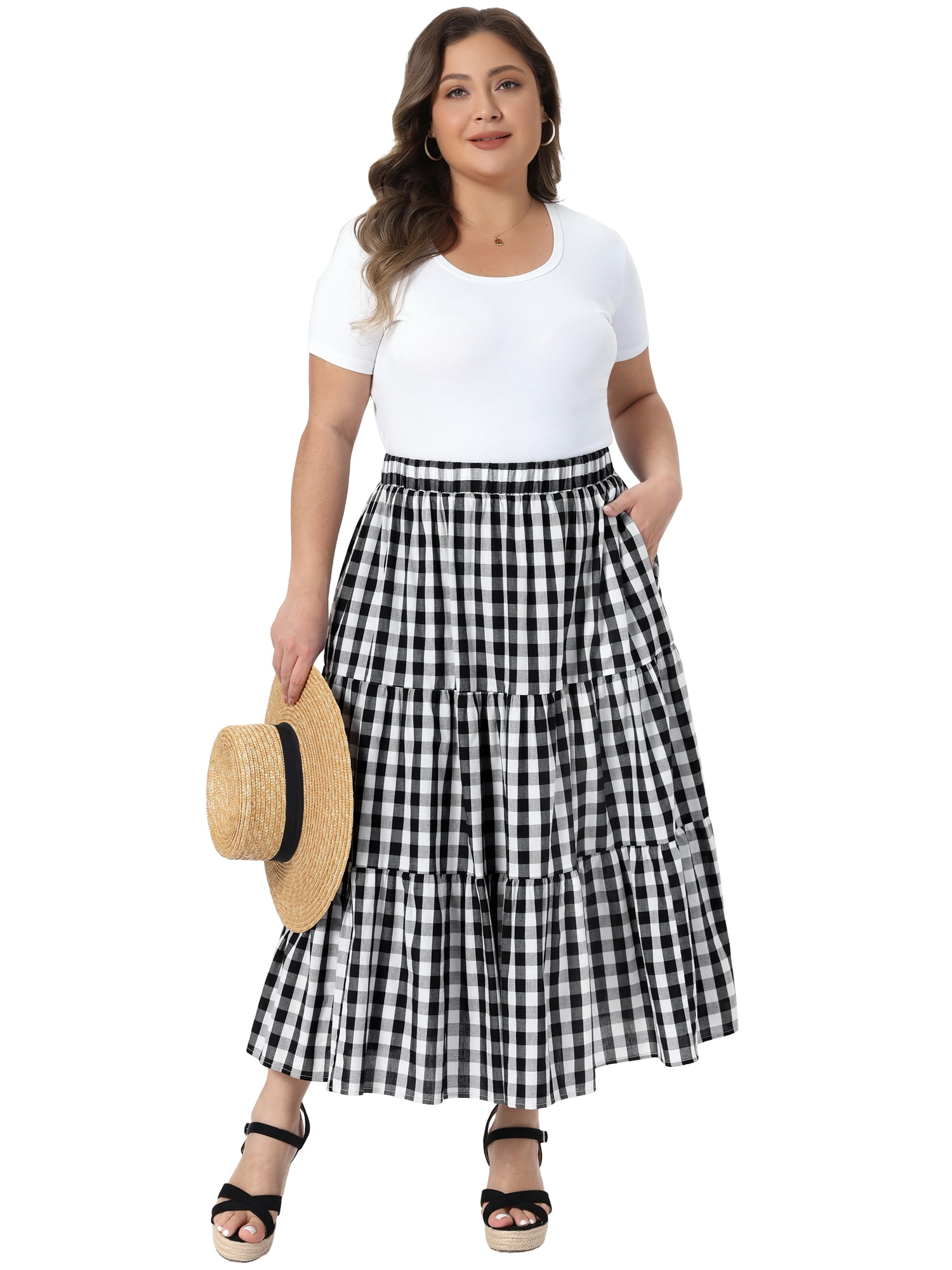 DARING DIVA Women's Plus Gingham Tiered Layer A Line Skirts 2X Black