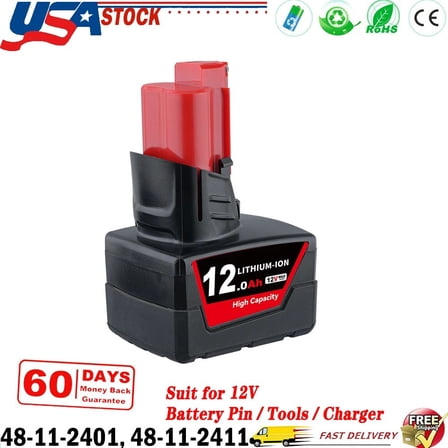 M12 12000mAh 12V Battery Replacement for Milwouke Li-on Batteries Compatible with Original 12Volt Cordless Power Tools 48-11-2411 48-11-2440 48-11-2420 48-11-2401 48-11-2425